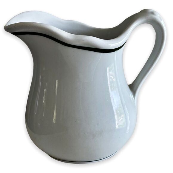 Vintage Albert Pick Co. Vitrified Cream Pitcher or Vase with Green Trim - Picture 1 of 12